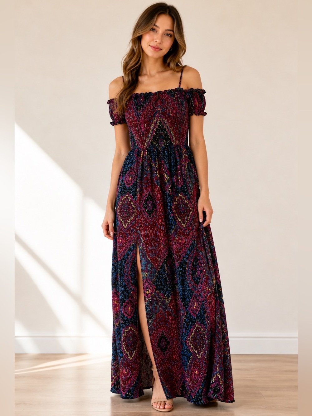 Patrons of Peace Burgundy Navy Floral Off-Shoulder Maxi Dress